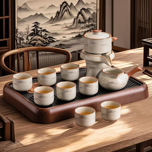 Porcelain brand tea set Guanshan automatic tea set complete set Ru kiln tea infuser complete set home gift Kung Fu tea set drainage tea tray set <Shui Mo Guan Shan> automatic tea set eight cups + tea tray