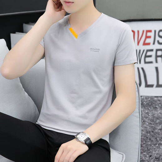 
SEPTWOLVES (SEPTWOLVES) Men's 2025 New V-neck Young Men's Short Sleeve T-shirt Pure Cotton Slim Thin Summer Casual Top T-shirt QY691 Black M