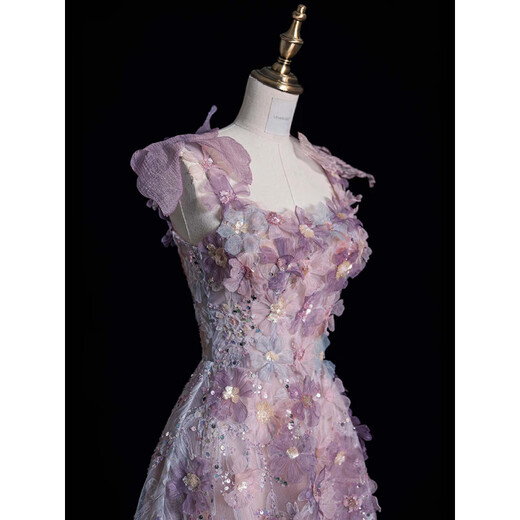 Wutuo large size evening dress purple light luxury niche banquet host adult ceremony suspender dressing gown bride toast wear engagement dress purple 4XL weight 155Jin Jin is equal to about 0.5 kg