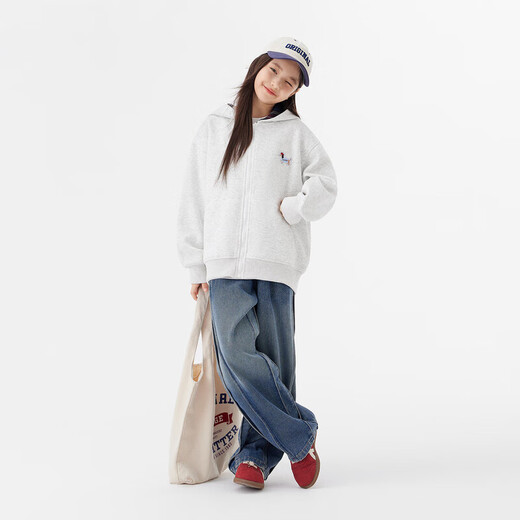 Zuoxi Girls Sweater Jacket 2025 New Children's Dog Plaid Splicing Hoodie Plus Velvet Top Light Hemp Gray 160