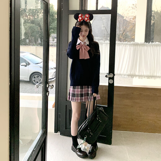 东鲸岁时记东鲸岁时记jk早春毛衣套装学生V领套头长袖针织衫学院风校供格裙 粉色格裙39cm XS