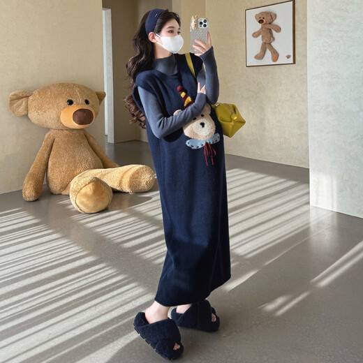 Ranqi Mommy Maternity Wear 2025 Autumn and Winter New Korean Style Embroidered Cartoon Bear Sweater Vest Dress Knitted Bottoming Set Blue Suit L