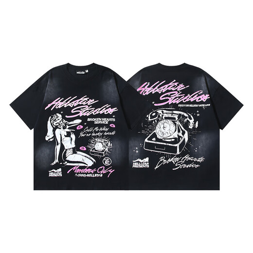 WALKING BEAUTY跨境批发美潮Hell地狱之星T-Shirt印花纯棉男女夏季宽松短袖T恤 691洗水黑 S