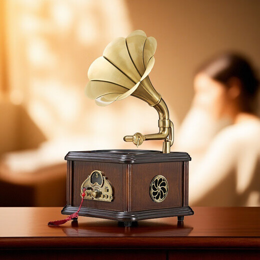 Canna retro mini CD gramophone European bluetooth hifi speaker old antique home CD player living room ornaments simulated vinyl record player D99 birthday gift D99MAX version walnut color + Chinese culture charger and plug-in dual-purpose (10 CD discs)