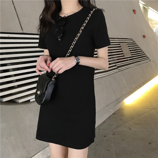 AFTER MONDAY2025 summer Korean style slim solid color short-sleeved T-shirt women's mid-length dress women's clothing 6624* purple M