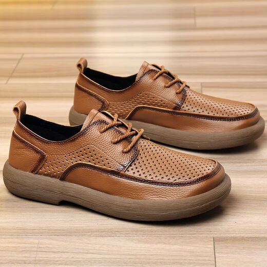 Lee Xiang International Light Luxury Brand Punched Breathable Outdoor Stroll Shoes Wear-resistant Beef Tendon Sole Hollow Men's Casual Leather Shoes Genuine Black Leather Shoes (Single-layer Cowhide) 38
