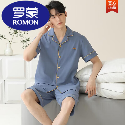 罗蒙（ROMON）睡衣男士夏季纯棉短袖短裤开衫薄款大码纯色休闲家居服套装夏季男 宝蓝色12805【100%纯棉】 L 【建议100-120斤穿】