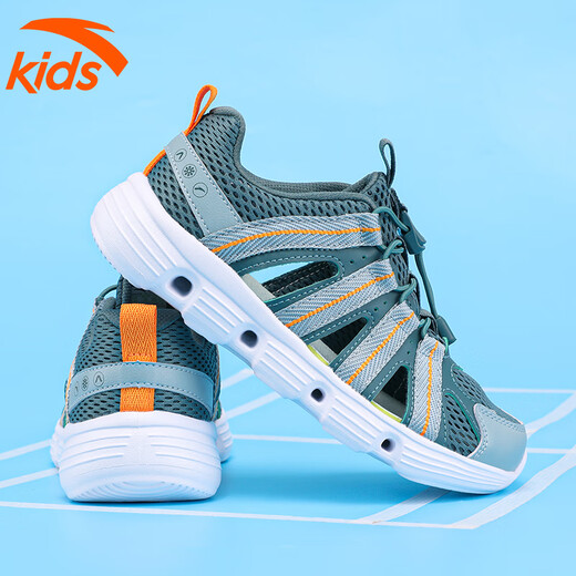 Anta Children's Sandals Boy's Middle Child Mesh Buchable Baby's Baby Bump Foot Kick Hole Chaussures de plage de Boy's Beach Traçage des chaussures de ruisseau Sage Green / Fish Green 33
