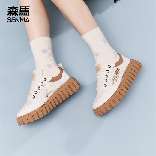 Senma mesh shoes women's shoes casual shoes low top shoes 2025 new summer versatile height-enhancing sneakers breathable white shoes beige brown 38