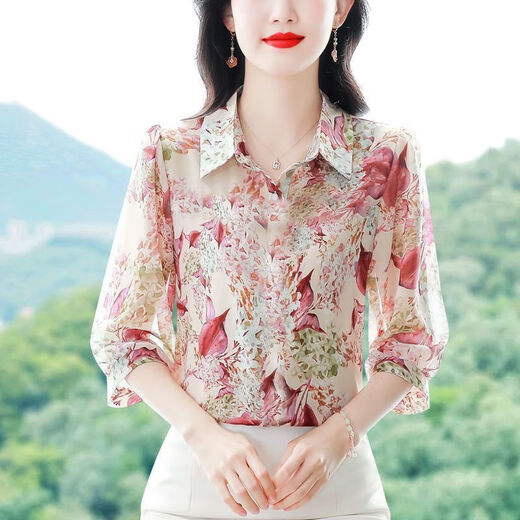 时尚印花七分袖雪纺衬衫女士装夏季新款百搭洋气小衫减龄妈妈上衣 花色 Q144 3XL 建议135~150斤