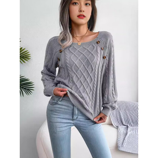 欧美风女装春秋慵懒风宽松休闲方领钉扣麻花针织衫上衣毛衣打底衫 咖啡色 M