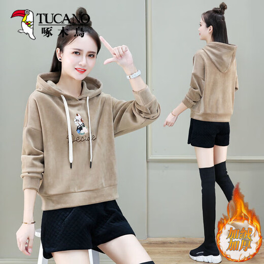 Woodpecker double-sided gold velvet sweatshirt for women in autumn and winter new loose plush thickened short jacket fashionable top pink_[added plush thickened] S_suggested [80-95Jin[Jin equals 0.5 kg]]
