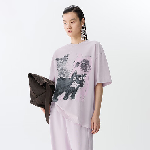 江南布衣（JNBY）【商场同款】25春新品T恤女趣味猫咪印花宽松圆领中袖5P2112550 671/灰粉 XS