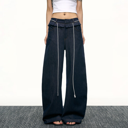 
AAISUP dark blue scimitar wide-leg jeans for women 2025 summer new loose design sense black earring straight pants dark blue S