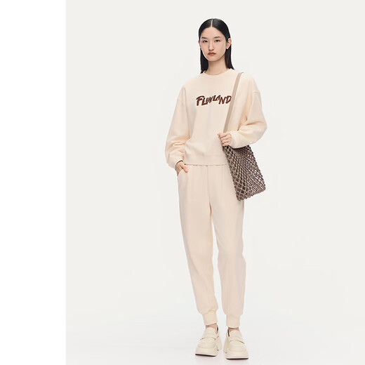 AUM Easy Suit 2025 Autumn New Cotton Feel Loose Shape Embroidered Sweatshirt Casual Pants Off-White Top S