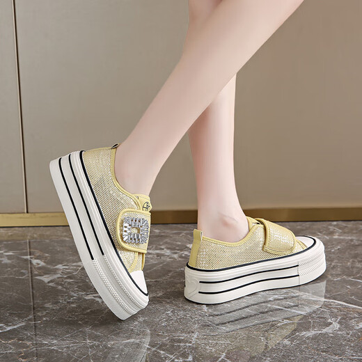 Sommer dünne Frauenschuhe dicker alleinighöhlich-absorbierender schockabsorbierender und atmungsaktives Netzschuhe Trendy Board Schuhe Klettverteidiger Lazy Schuhe YGNX-L-3323 Beige 35
