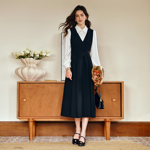 
Olrain Elegant Contrast Color Splicing Fake Two-Piece Dress for Women in Autumn 2025 New Long Sleeve Skirt Black M