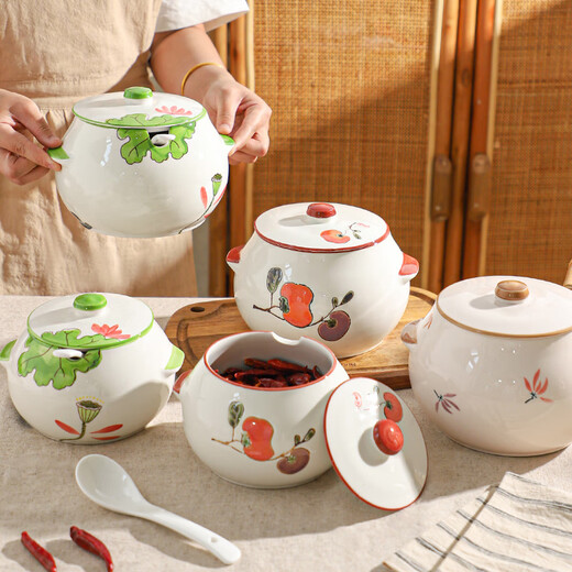 Sheli ceramic lard can with lid, high temperature resistance, household oil pot with lid, oil pot, seasoning jar, chili oil special medium lard pot 880ML - lotus style, with lid and spoon | can pour boiling oil