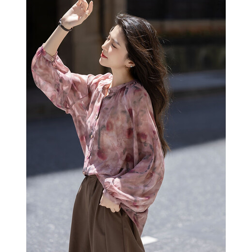 Demana Gentle French Autumn Retro Elegant Chiffon Printed Shirt Stand Collar Loose Temperament Shirt Women's Top