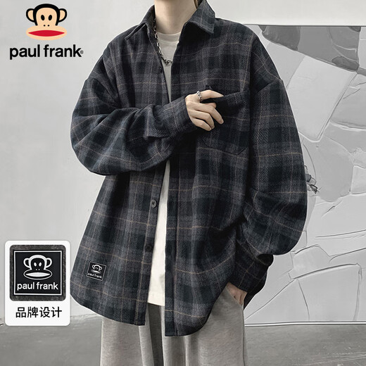 Paul Frank long-sleeved shirt men's spring and autumn Japanese casual plaid shirt men's trendy brand jacket men's dark gray XL