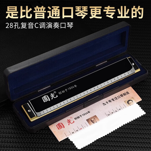 国光口琴28孔重音高级演奏德国进口音簧复音C调初学者入门乐器  28孔复音黑色+学习资料【带音标