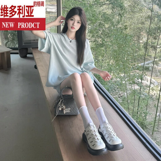 维多利亚的格调超火巨好看的慵懒清纯蓝色休闲运动套装女夏季减龄短袖短裤两件套 蓝色套装 M 100-110斤