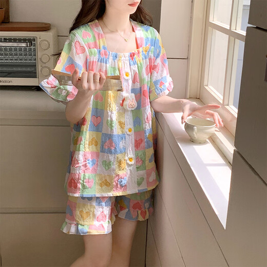 
Langsha 2025 new pajamas for women in summer cloud cotton with chest pad short sleeve sweet love can be worn outside home clothing set 15265 chef dog fixed chest pad M single size