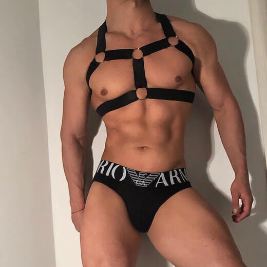 Jiuai low-waisted men's double-butt underwear, sexy, cool and breathable T-pants, seamless butt-lifting sports thong, black (chest strap + underwear) S