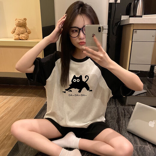 乐町睡衣女士夏季短袖短裤纯棉两件套装卡通可爱帕恰狗学生夏天家居服 ws-719#格子模糊猫 M
