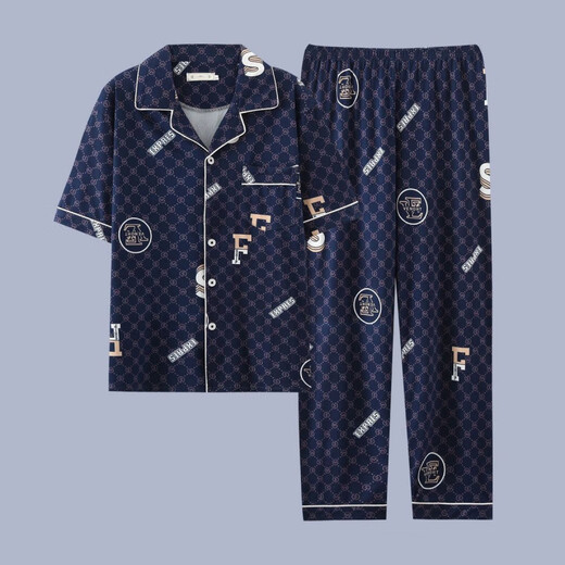 Heyu Herren-Pyjama-Herren-Kurzärmel-Sommer-Dünne Baumwoll-Pyjama-Pyjama-Herren-Feder- und Sommer-Kleidungsstück G3884 Blau (kurzärmelig) 195 4xl [Empfohlen 170-200jin [Jin gleich 0,5 kg]]