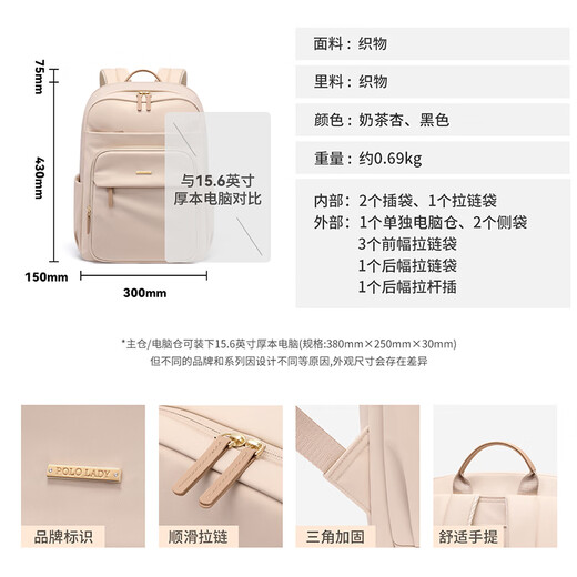 Polo -Rucksack für Frauen mit großer Kapazität Rucksack 14/15,6 Zoll iPad Computerbeutel Leichtes Rucksack Travel Commuter School Tasche