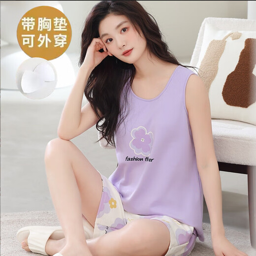 Pang Donglai DL vest pajamas for women with chest pads for women for summer pure cotton thin summer striped sleeveless home clothing set is available Chest pads for vest set-F9856 M Women Recommended 80-100Jin [Jin equals 0.5 kg]