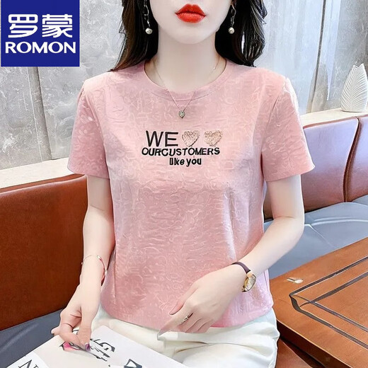 罗蒙（ROMON）夏季冰丝纯棉短袖上衣25新款新款T恤女装洋气宽松正肩刺绣上衣衬 6227粉红色 M (建议95斤到105斤)