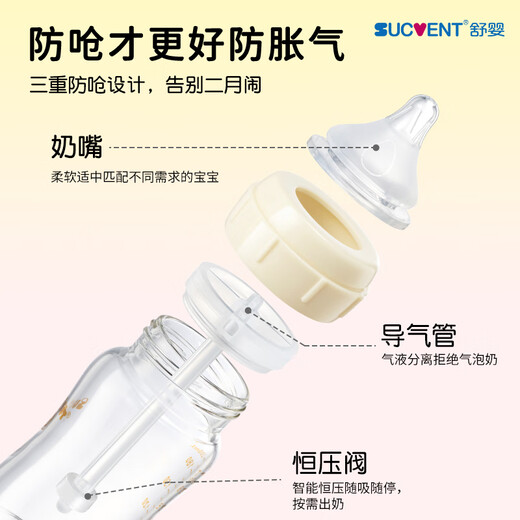 舒婴母乳喂养防呛小白管奶瓶新生儿宝宝玻璃200ml防胀气瓶喂
