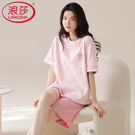 
LangSha light luxury pajamas for women in summer shorts shorts cotton round neck thin sweet pink home clothing set can be worn outside Z9855 M [80-100Jin [Jin equals 0.5 kg] wear]