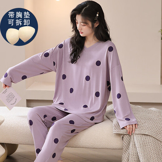 Yalu Brust Pad Modal Pyjamas für Frauen im Frühjahr und Herbst Langarmdünde große Größe und Fett losen Eisseide Kleidungsstück mit Brustpolster 3881 2xl (140-160jin [Jin gleich 0,5 kg])