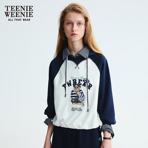 Teenie Weenie小熊女装卫衣2025秋季新款萌趣大熊拼色短款连帽外套 藏青色 S