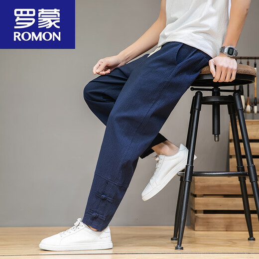 Romon chinesische Stil Falten -Wäsche Herrenhosen Sommer loser Harem Hosen Tang Anzug Baumwollwäsche Casual Hosen Straighthose grau [MK983 Striped Style] M -120jin [Jin ist 0,5 kg]