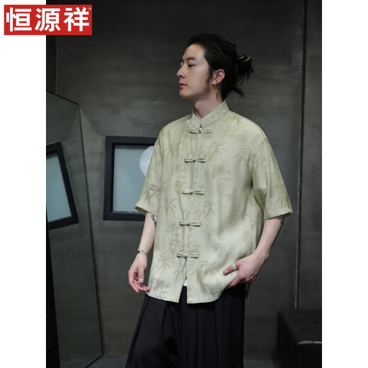 恒源祥夏季轻薄款短袖衬衫新中式古风盘扣唐装男装中国风竹叶上衣中山装 CS9898白色 M