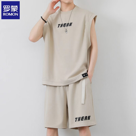 Romon Waffle Casual Anzug Herren Sommer Trendy ärmellose Weste Lose T-Shirt-Sport-Fünf-Punkte-Shorts Aprikosenfarbe [LM01] XL [Gewicht 140-155 Jin [Jin entspricht 0,5 kg]]