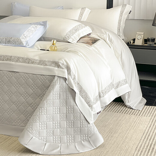 Hengyuan high-end 100-count long-staple cotton solid color bed four-piece set Class A pure cotton quilt cover quilted fitted sheet high-end Nolan-white powder fitted sheet 1.8m quilted four-piece set