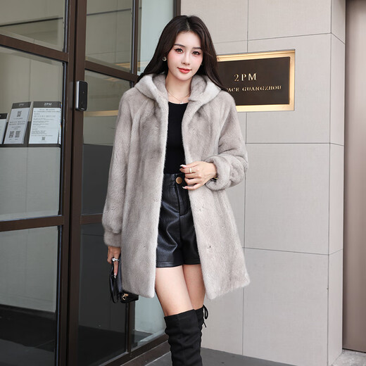 Winter Home Brand Fur 2025 Neu importiertem Nerzmantel Frauen Voller Nerz-Kapuzen mit mittlerer Länge Nerzfell Jacke Silber Blue XL 120jin [Jin entspricht 0,5 kg] -140jin [Jin ist gleich 0,5 kg]