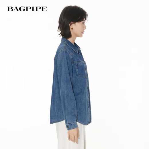 Bagpipe Bagpipe 2025 Autumn New Dark Blue Retro Denim Shirt Women's Layered Small Shoulder Soft Top Denim Lan XS 150
