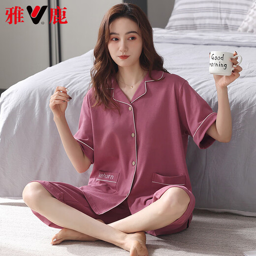 雅鹿高档2025新款睡衣女夏季纯棉短袖七分裤夏天宽松大码开衫家居服 NX9898 XL