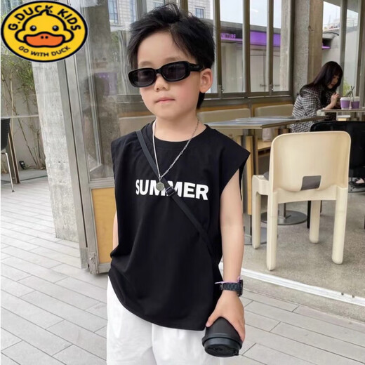 G.DUCKKIDS男童纯棉无袖背心薄款夏季2025新款中大童儿童百搭休闲上衣洋气潮 黑色背心 140 建议身高130-140cm