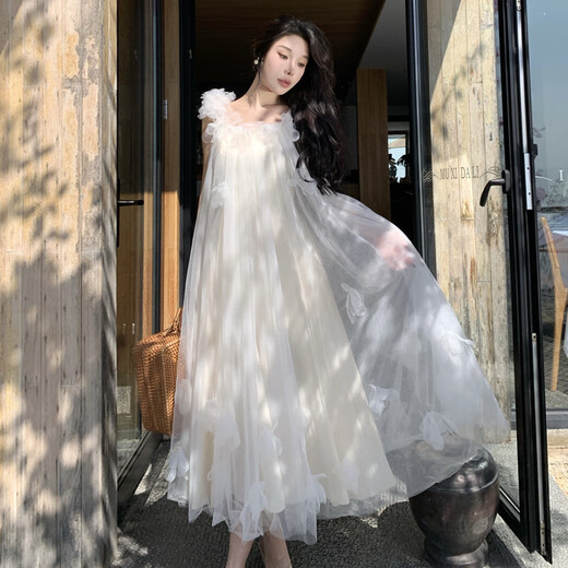 凊知柠新娘结婚晨袍森系超仙吊带连衣裙女韩式旅拍轻婚纱订婚礼服 图片色 S