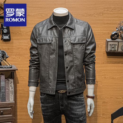 ROMON Brown PU Leather Men's Jacket Autumn and Winter Slim Leather Jacket 2026 New Trendy Casual Lapel Motorcycle Top Brown 2XL