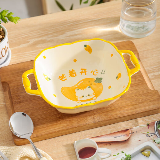 New cute double-eared instant noodle bowl, underglaze color ceramic bowl, salad bowl, household cartoon snail noodle student noodle soup bowl, 8.5-inch double-eared bamboo square bowl 1 piece