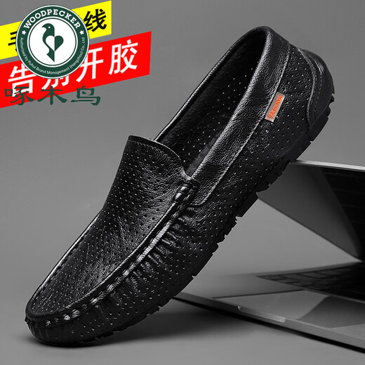 Woodpecker 2025 Automne Nouveaux chaussures de haricots noirs pour hommes Véritable cuir britannique Cuir Cuir Chaussures creux de chaussures paresseuses respirantes 9901 Black [Hollow] 38