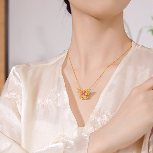 Century Yuan Jewelry 18K gold enamel pendant for female Jindie Qiyun lasting bright pendant for girlfriend K gold butterfly pendant about 0.8g